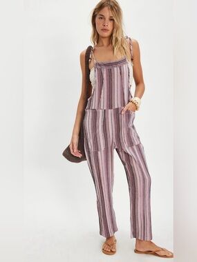 Free People Freya Striped Overalls in Mauve Combo